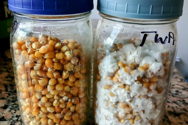 Two mushroom grain jars side by side, one fully colonized with mycelium and one
