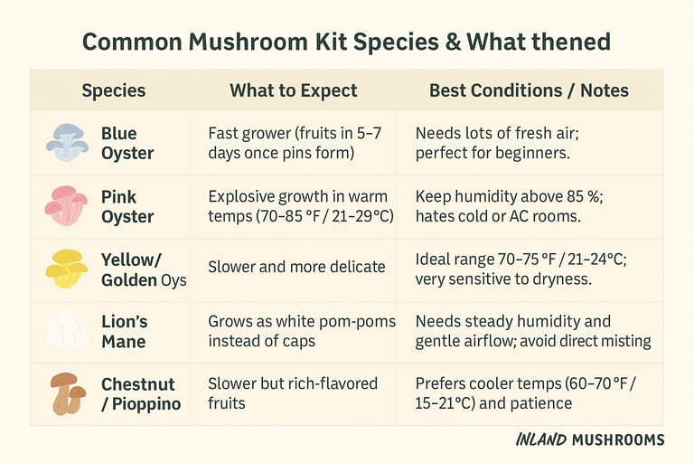 chart showing different mushroom species you find in common grow kits