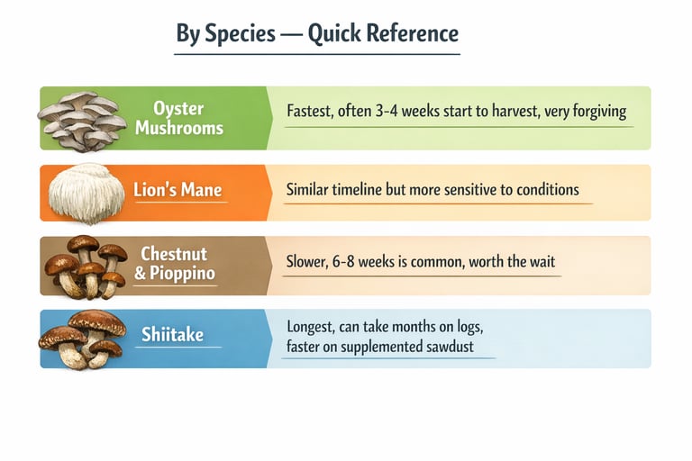 mushroom species grow time quick reference chart showing oyster chestnut lion's mane and shiitake ti