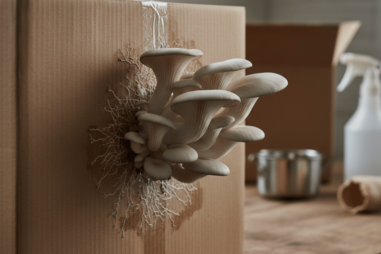 mushrooms growing out of cardboard substrate