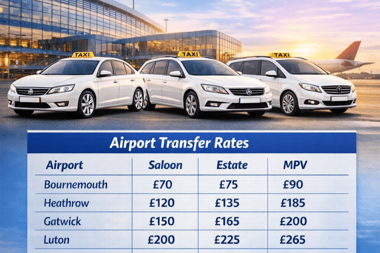 a table chart showing airport taxi fares from Southampton to Bournemouth airport, Heathrow Airport.