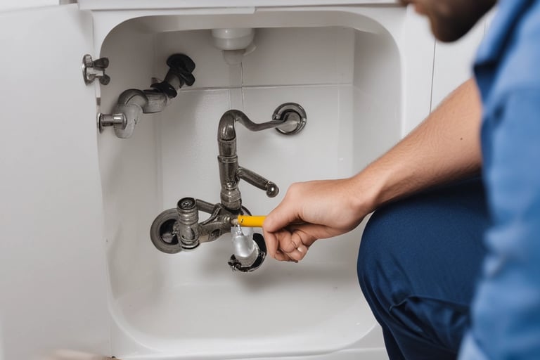 a plumber in a blue shirt is fixing a blocked sink