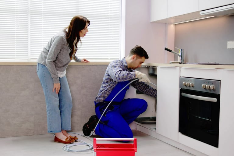 A plumber and woman home owner, working on a kitchen drain blockage.