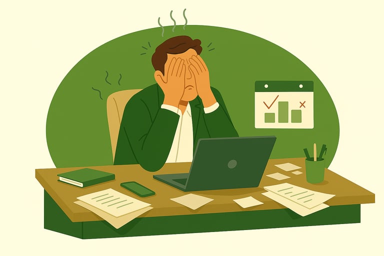 a stressed out and burned out man sitting at a desk with a laptop computer