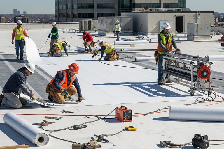 commercial roofers installing a white TPO roof on a flat commercial building roof top in joliet