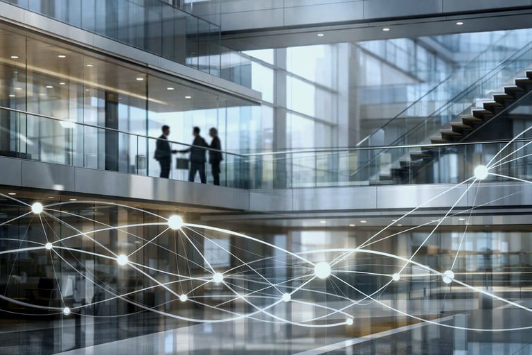 Ambiente corporativo executivos em interação, representando consultoria em comunicação estratégica