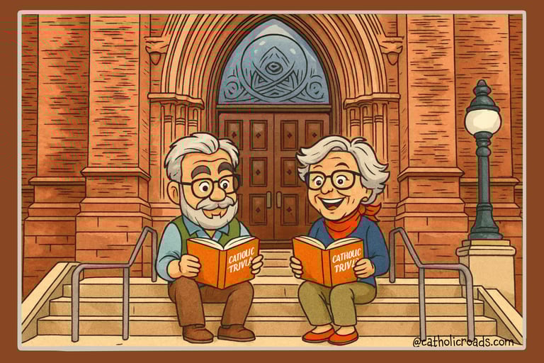 E.B and Opa study Catholic trivia on the steps of St John the Baptist Cathedral in Charleston