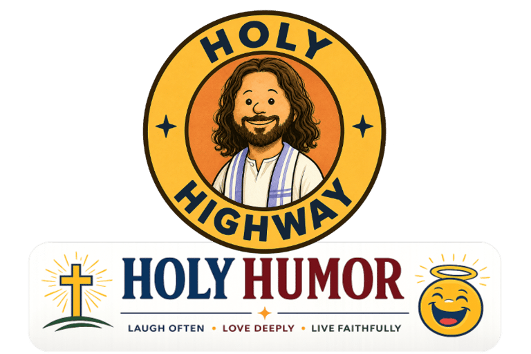 A cartoon style logo of Jesus on the Holy Highway with Holy Humor all around