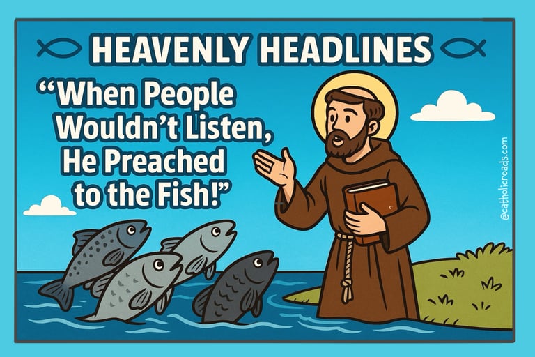 Cartoon of St. Anthony of Padua preaching to fish — inspired by Catholic legend and Scripture,.