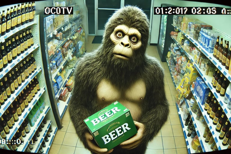 A sasquatch steeling beer on CCTV