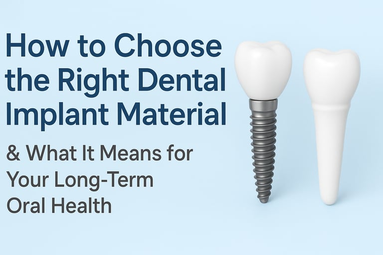 Illustration showing two dental implants—one titanium and one zirconia—on a light blue background wi