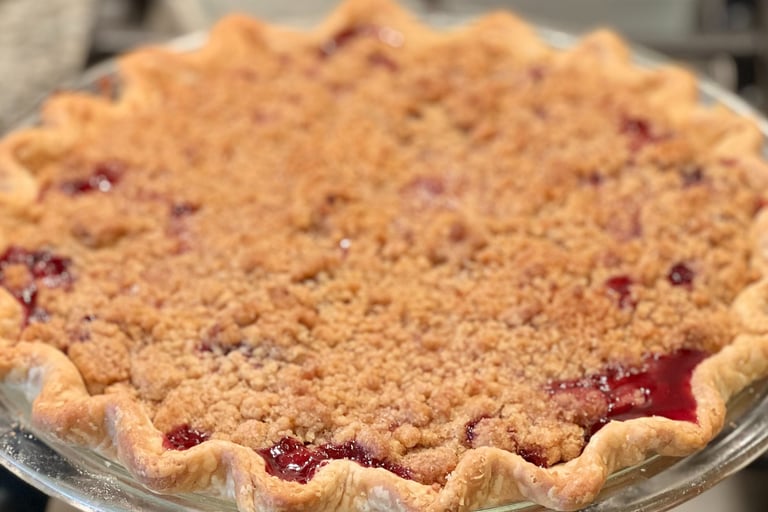 cherry peach amaretto crumb pie