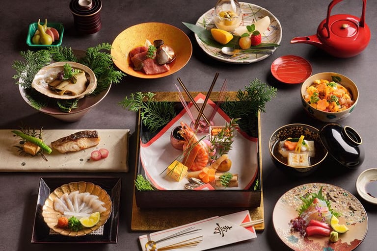 traditional japanese food with diverse little dishes