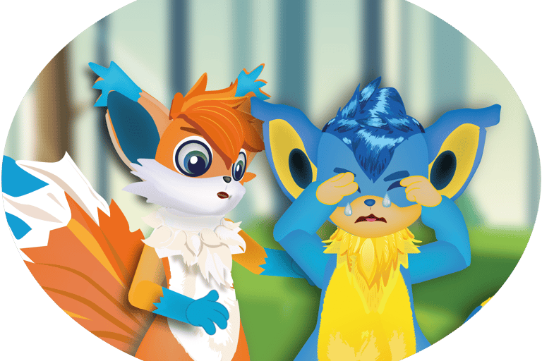 Tim troost Kiki in het bos terwijl zij haar ogen bedekt en verdrietig kijkt