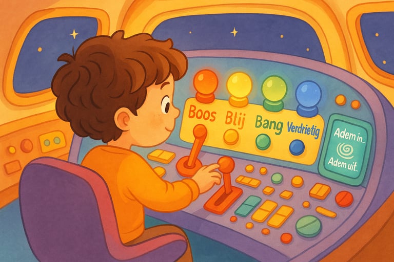 Een kind zit in een kleurrijke controlekamer met knoppen voor emoties: Boos, Blij, Bang en Verdrieti