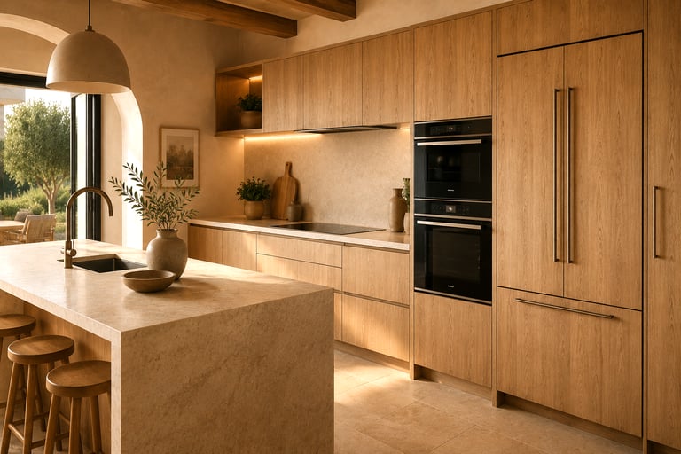Cuisine avec fours, réfrigérateur et rangements intégrés dans des meubles en bois naturel.
