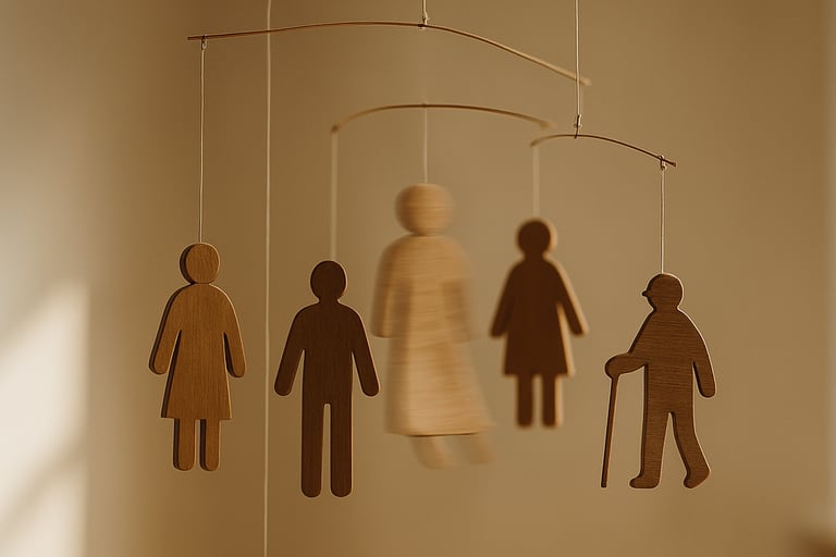 Holz-Mobile mit Figuren als Symbol für systemische Familienberatung – jede Bewegung beeinflusst das