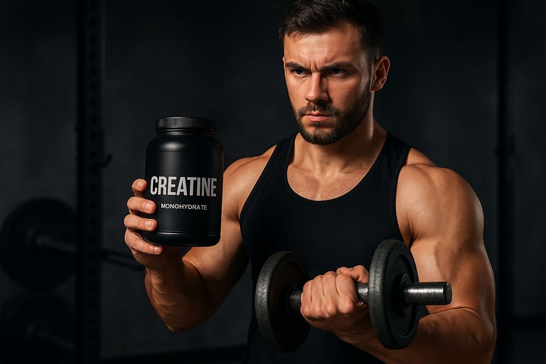 Homem musculoso segurando suplemento de creatina durante treino, simbolizando dedicação e performanc