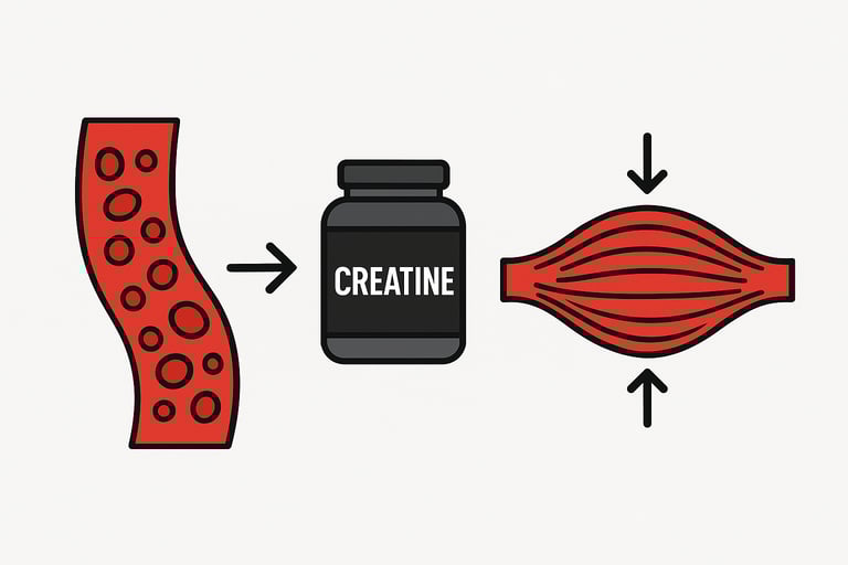 Gráfico estilizado mostrando fluxo sanguíneo e absorção muscular, representando timing da creatina.