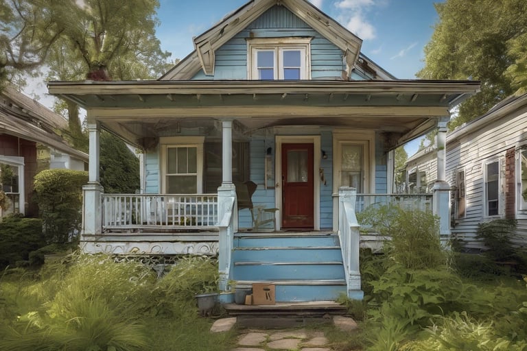 a run down house with a blue house with a red door