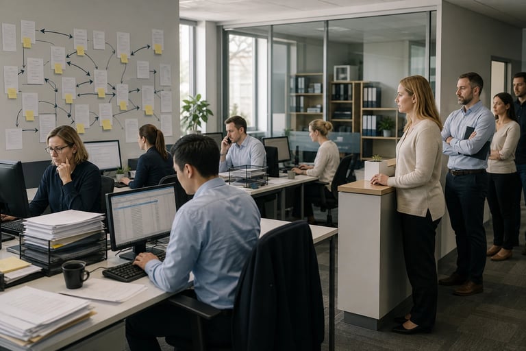 Office team observing workflow bottlenecks, handovers and process inefficiencies during daily operations.