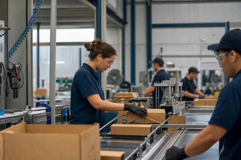 Manufacturing team operating a packaging line to improve process flow, productivity and operational efficiency.