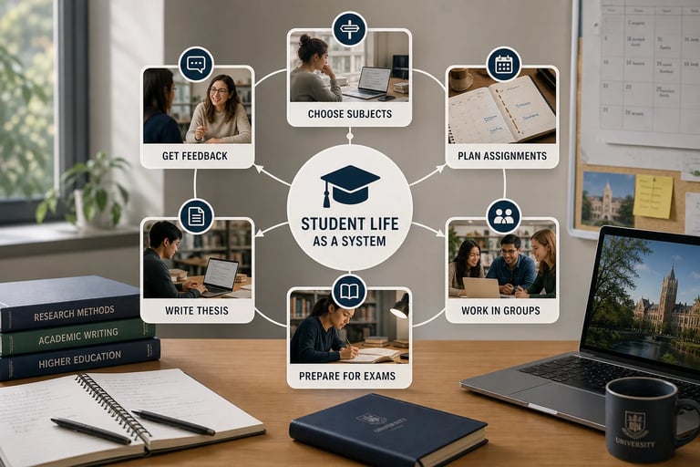 Student life system map linking subjects, assignments, group work, exams and feedback for academic success.