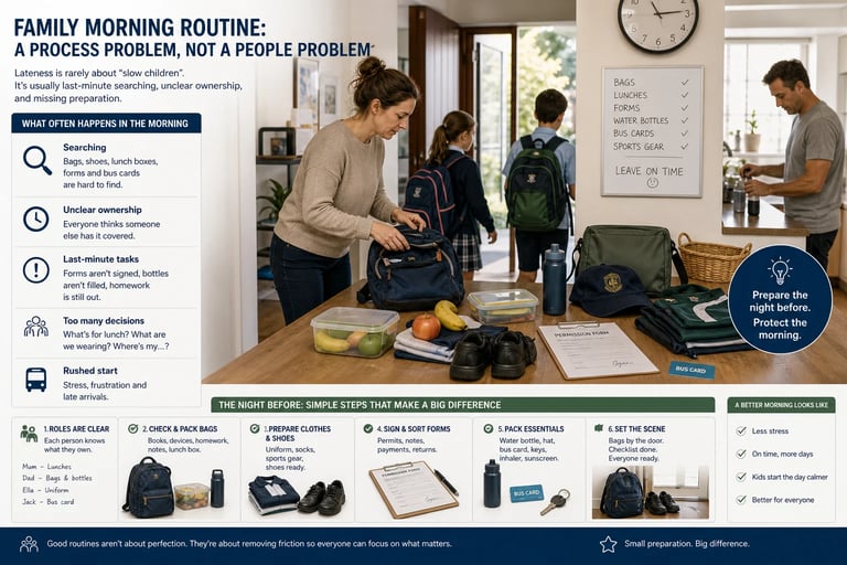 Family morning routine checklist showing how preparation reduces stress, delays and school rush chaos.