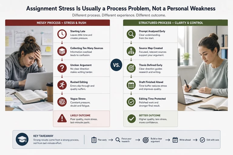 Comparison of unstructured and structured assignment workflows showing reduced stress and better results.