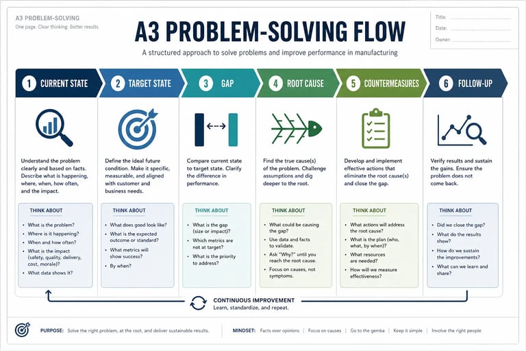A3 problem solving framework showing current state, root cause analysis, countermeasures and follow up actions.