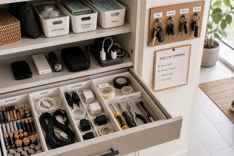 Organised home storage system with labelled drawers, chargers, tools and daily essentials for efficiency.