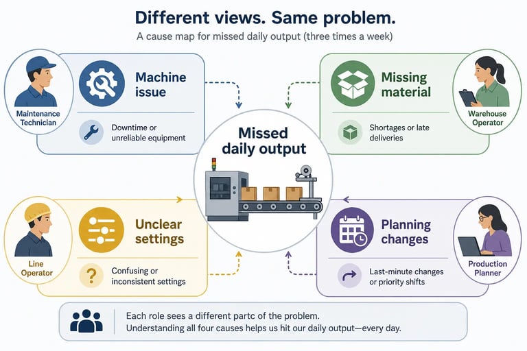 Cross functional root cause analysis showing how different departments contribute to production performance issues.