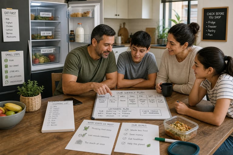 Family meal planning and food management system to reduce waste, save money and improve organisation.