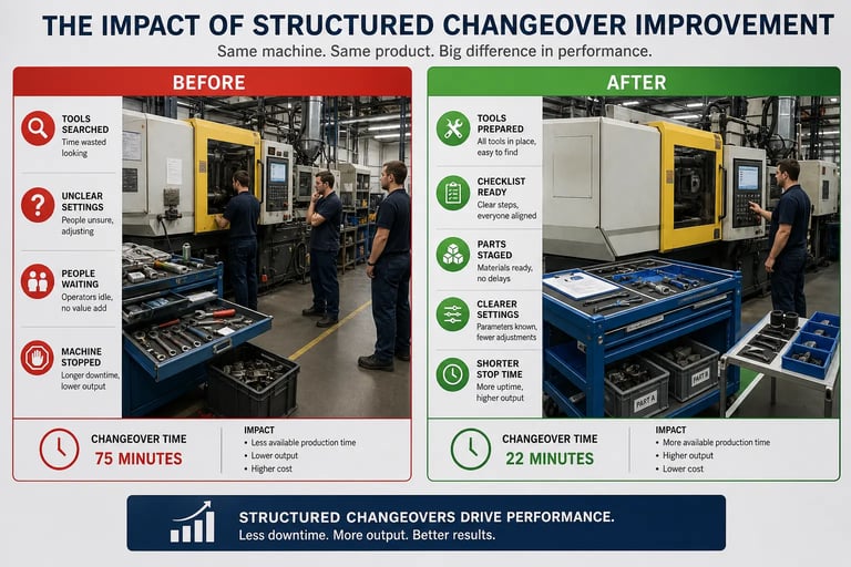SMED changeover improvement reducing machine setup time, downtime and production losses in manufacturing.