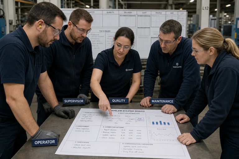 Cross functional team conducting A3 problem solving and root cause analysis to improve manufacturing performance.