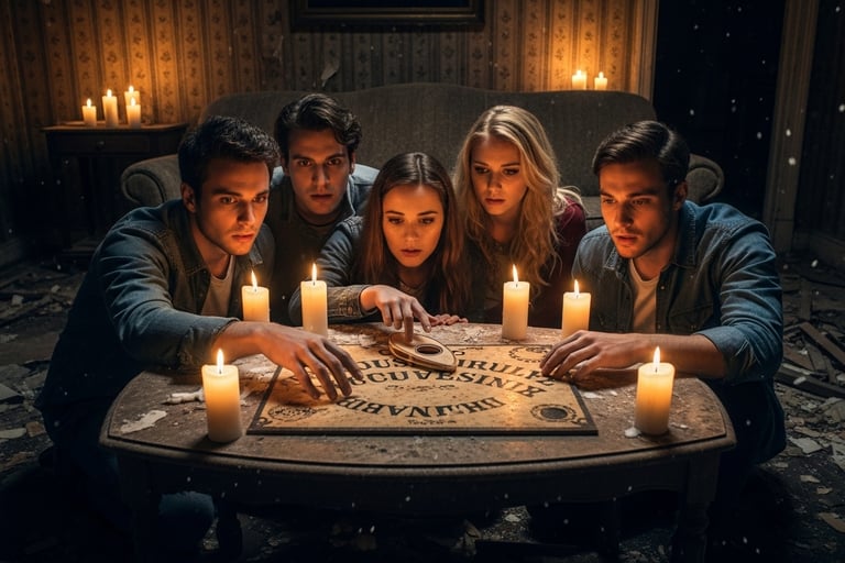 Group of friends in a dark abandoned living room