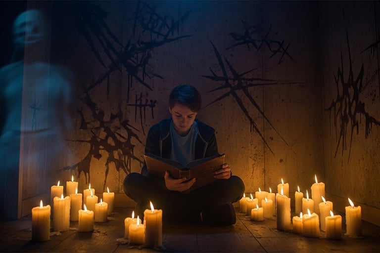 Teenager sitting on floor surrounded by candles