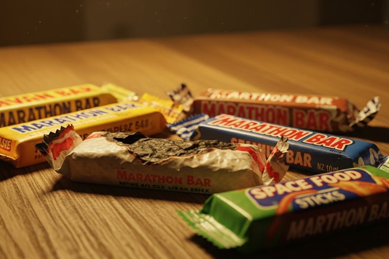 Vintage candy bars on a kitchen table under dim 1970s