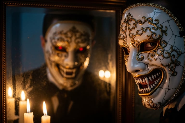 Close-up of a man wearing an ornate white mask