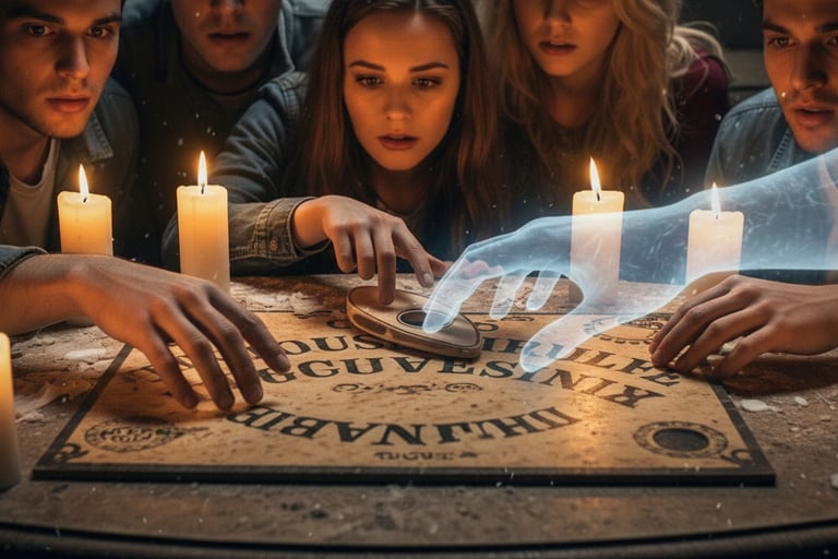 Close-up of planchette moving across Ouija board