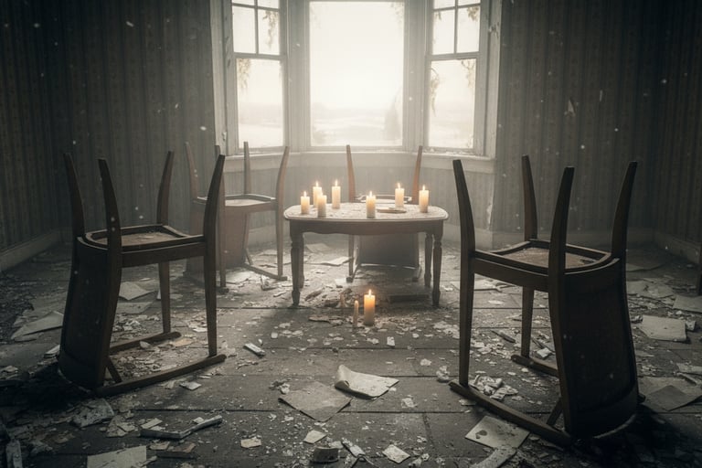 Empty room at dawn with overturned chairs, extinguished candles