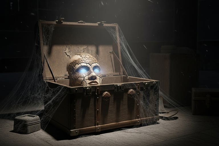 Old wooden trunk opened in a dark backstage room