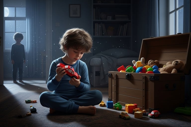 Child sitting on bedroom floor playing