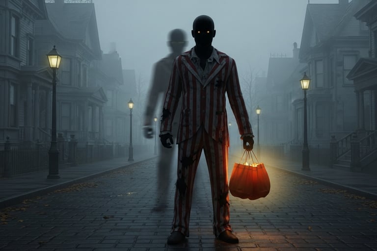 Shadowy figure in a tattered red-and-white suit standing at the end of a foggy street,