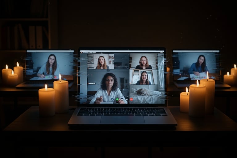 Five friends on a late-night video call,