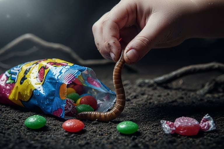 Close-up of a child’s hand pulling a worm from a candy bag