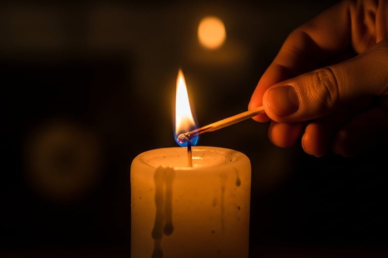 Close-up of a hand striking a match to light a candle