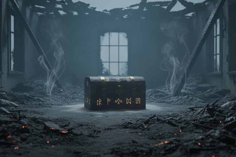 Burned-out house interior at dawn