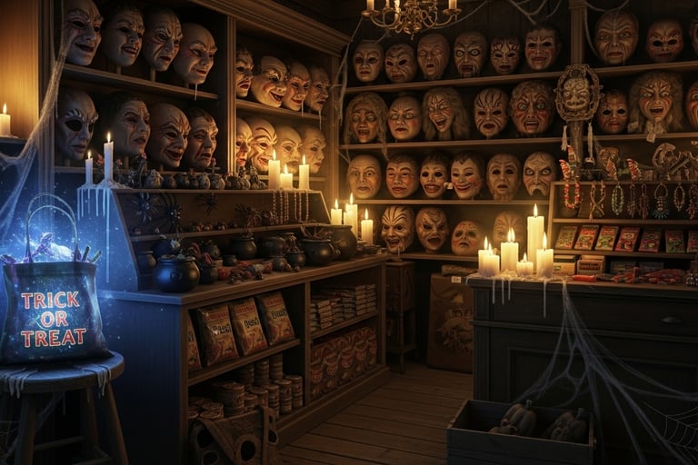 Interior of an old, candle-lit Halloween shop