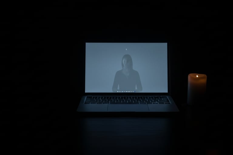 Empty desk at night with laptop still open